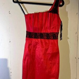 Chic One-Shoulder Red Dress with Lace Detail